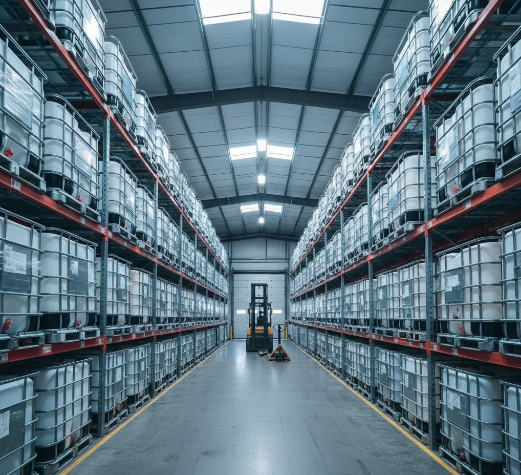 IBC totes and pallets in warehouse